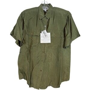 NWT Vintage Women Olive Green Silk Short Sleeve Button Up Shirt Frenchic MED